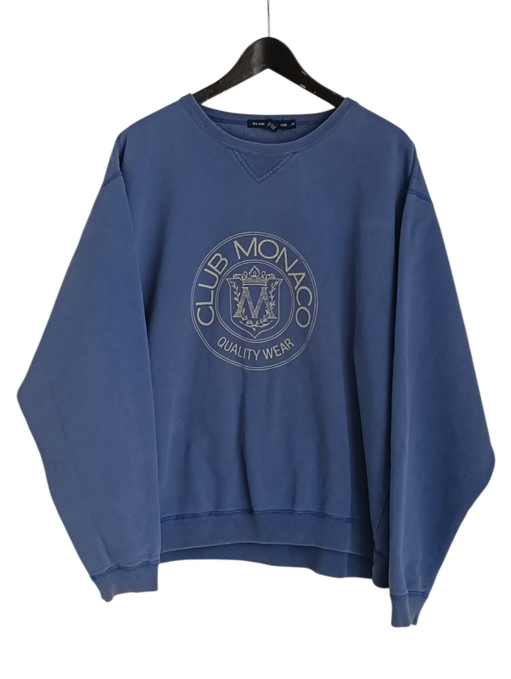 VTG 90s Club Monaco Distressed Light Blue Crewneck Sweatshirt L Made in Canada